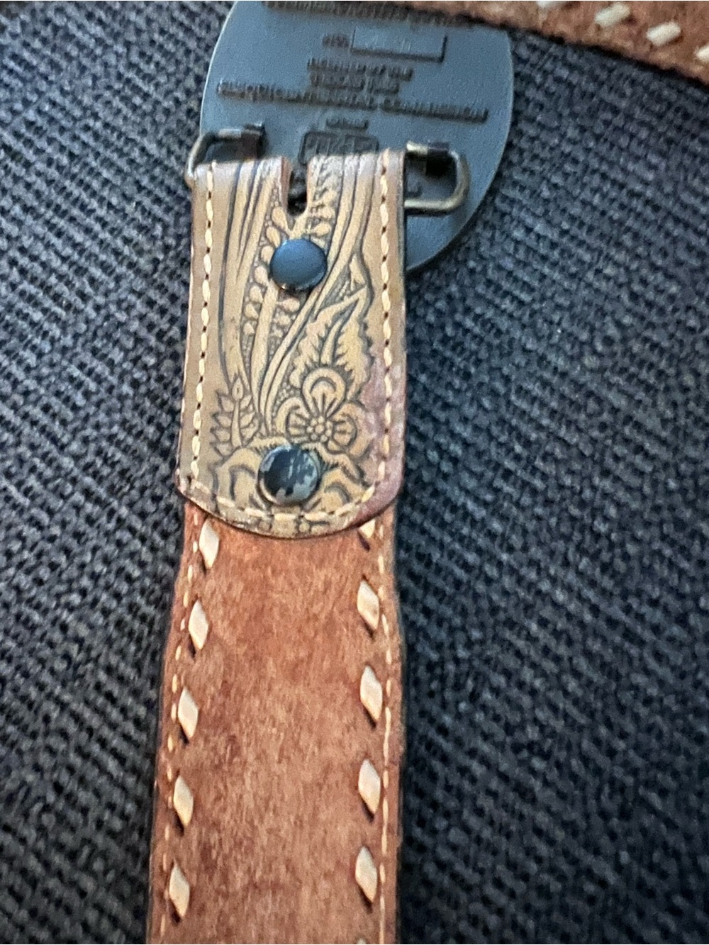 Brown Tooled Leather Men’s Belt with Commemorative Brass Buckle - Picture 6 of 6